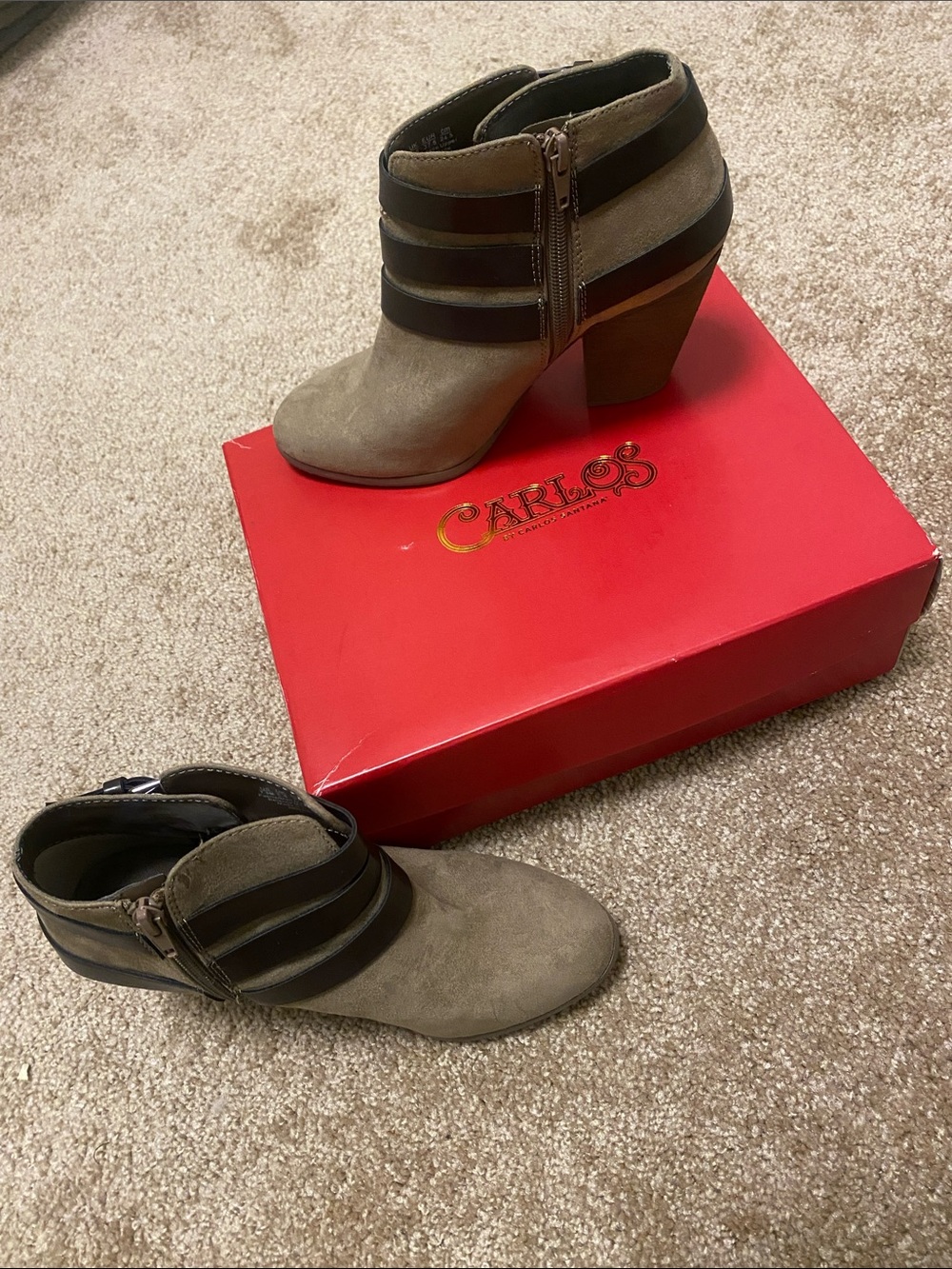 Carlos by Carlos Santana Taupe Ankle Booties with Dark Brown Straps